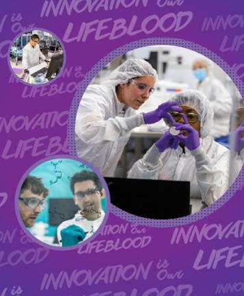 An image with a purple background and the words "Innovation is our Lifeblood" written numerous times across it, with three circles containing different images of Vertexians working in the lab