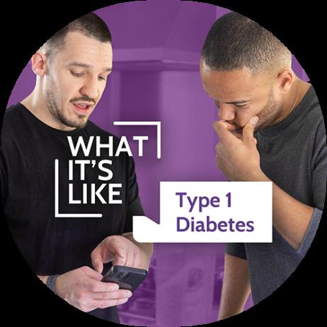 An image of Reece and Aziz looking at a cellphone while standing in a kitchen. There is a purple background and text that reads “WHAT IT’S LIKE” and “Type 1 Diabetes”
