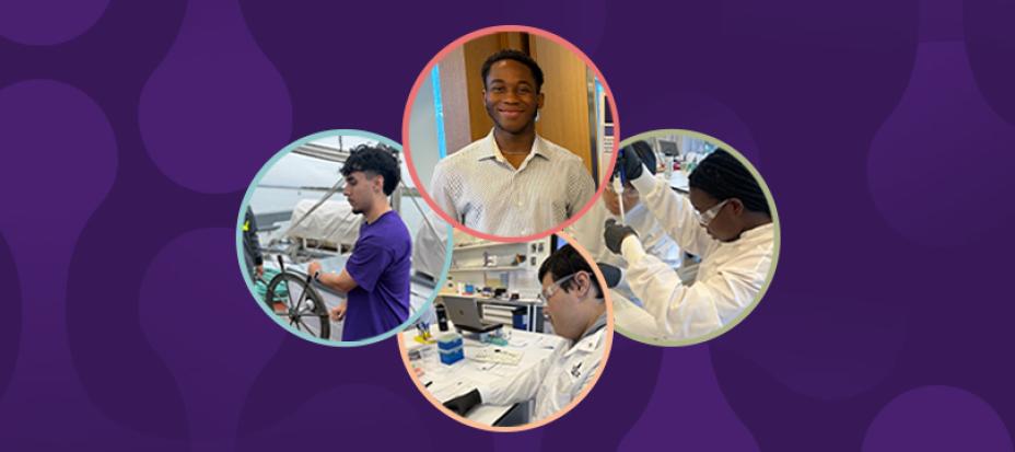 An image of four Vertex Science Leaders Scholarship recipients in four small circles with a dark purple background.
