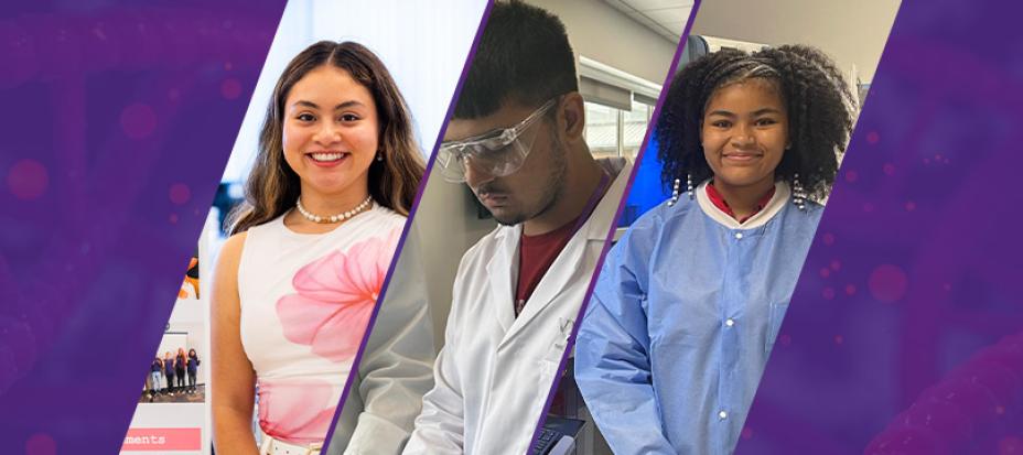 A collage image featuring Jessica Meija, Samara Seaton, and Amaan Butt during their respective Learning Lab experiences. There is a purple banner on the left and right sides of the images of the three people.