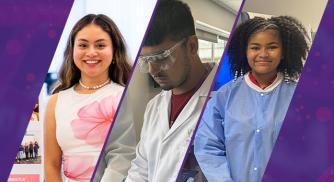 A collage image featuring Jessica Meija, Samara Seaton, and Amaan Butt during their respective Learning Lab experiences. There is a purple banner on the left and right sides of the images of the three people.