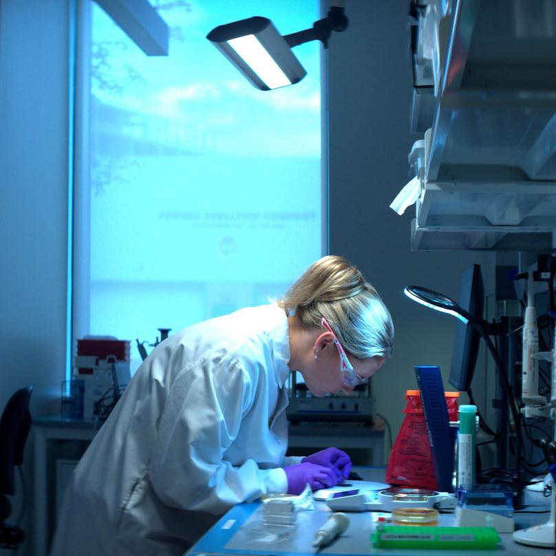 An image of a Vertex scientist wearing a white lab coat carefully using lab equipment