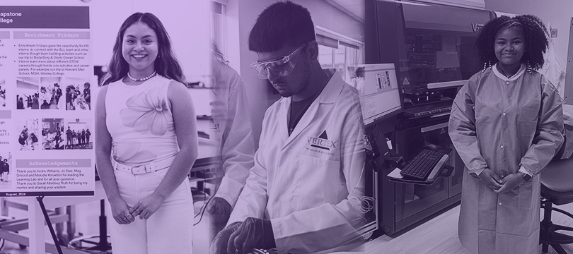Three photos of Jessica, Samara and Amaan, three students from our Learning Labs with a purple overlay