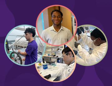 Four photos of the four 2025 Vertex Science Leaders Scholarship Recipients in colored circles on a purple background