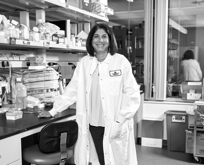 Reshma Kewalramani in a lab coat