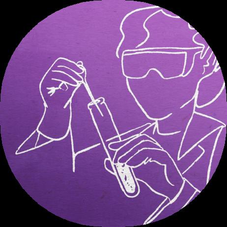 Line drawing of a scientist adding liquid to a test tube