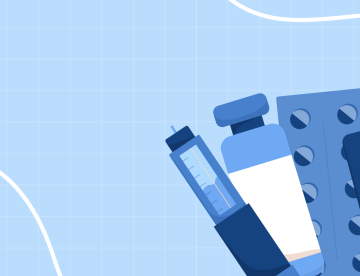 An image with a light blue background featuring various equipment related to the treatment of type 1 diabetes