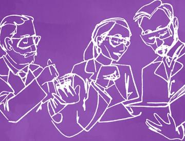 An illustration of 3 scientists on a purple background