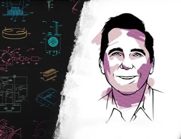 An illustration of James Sinclair, Senior Director of Engineering & Applied Physics at Vertex Pharmaceuticals, surround by small diagrams of a variety of pieces of the drug discovery process