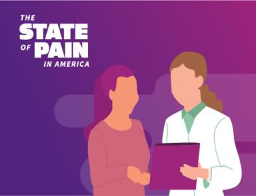 A cartoon image of a woman talking with a doctor in front of a purple background with the words "The State of Pain in America" written in white text on the left side of the image.