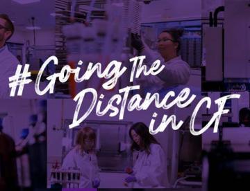 An image with a purple overlay with the text “#Going the distance in CF” in the middle and faded images of Vertexians working in the lab in the background