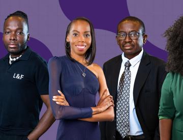 An image with a purple background of each of the people featured in the article: Ijeoma, Howard, Sharonda, Tray and Dominique.