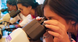 Several STEM students use microscopes in the Vertex Learning Lab
