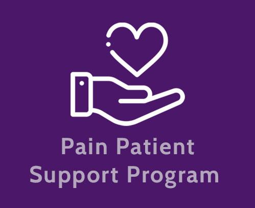 An image with an icon of a hand holding a heart with the words "Pain Patient Support Program" written below it. The image has a solid purple background.