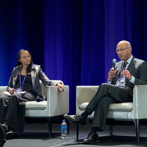 Dr. Lakiea Bailey, sickle cell warrior, advocate, educator and CEO of the Sickle Cell Consortium, on a panel with Vertexian Dr. Bill Hobbs, VP, Clinical Development