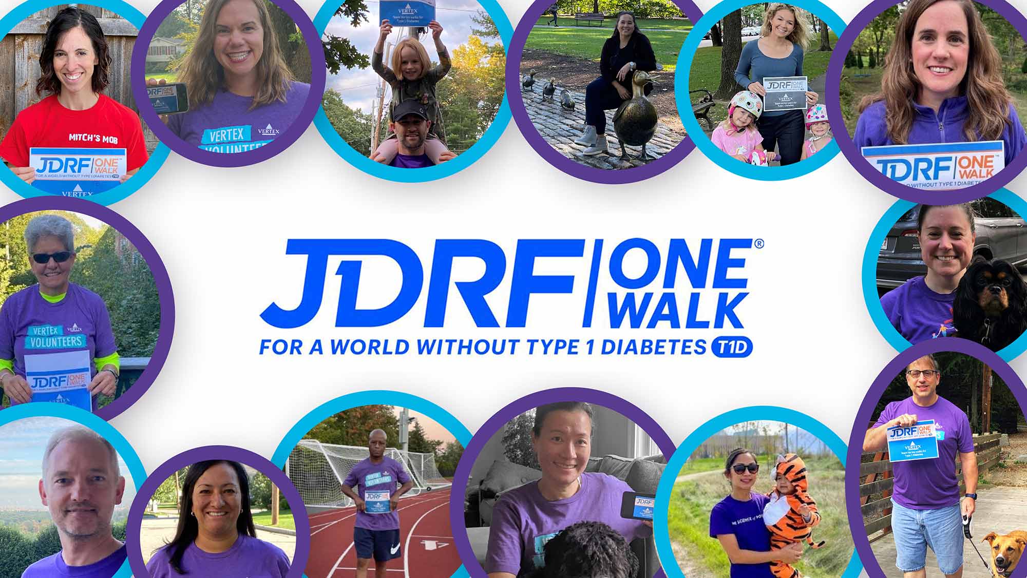 A collage of Vertex employees participating in the JDRF walk