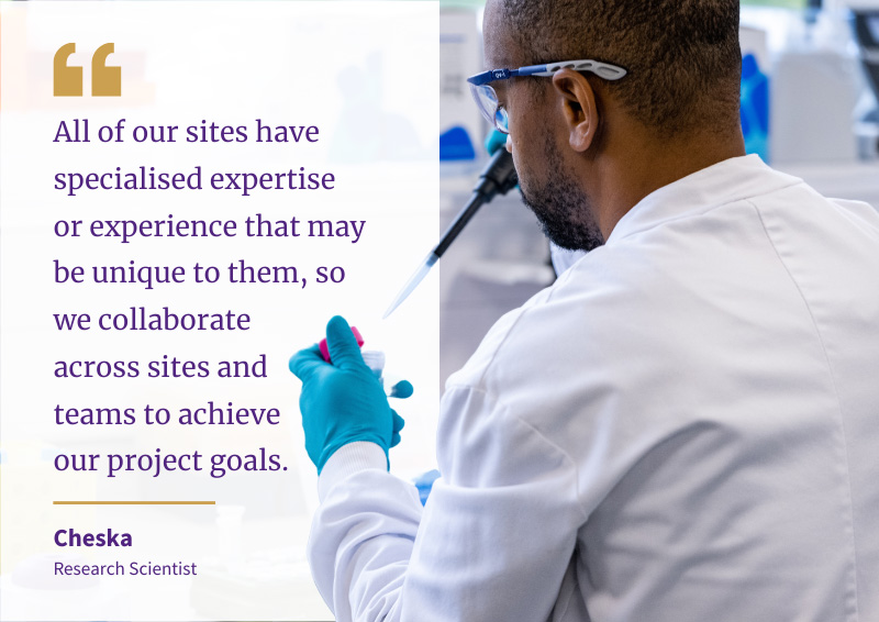 An image of a scientist using a pipette with a quote reading "All of our sites have specialized expertise or experience that my be unique to them, so we collaborate across sites and teams to achieve our project goals.”