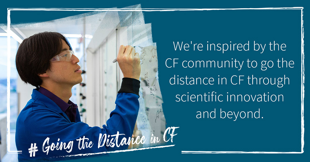A quote from a Vertex scientist that says "We're inspired by the CF community to go the distance in CF through scientific innovation and beyond"