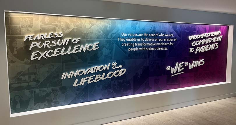 An image of a wall at Vertex Pharmaceuticals highlighting our core values