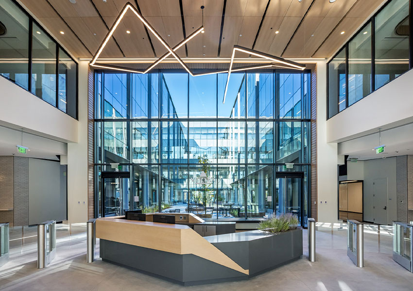 An image of the main lobby of the Jeffrey Leiden Center for Cell and Genetic Therapies.