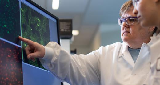 Female scientists review imagery on monitors