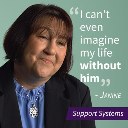 An image of a woman named Janine with a pull quote stating "I can't even imagine my life without him", the image also has a purple banner that says "Support Systems"
