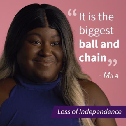 An image of a woman named Mila with a pull quote stating "It is the biggest ball and chain", the image also has a purple banner that says "Loss of Independence"