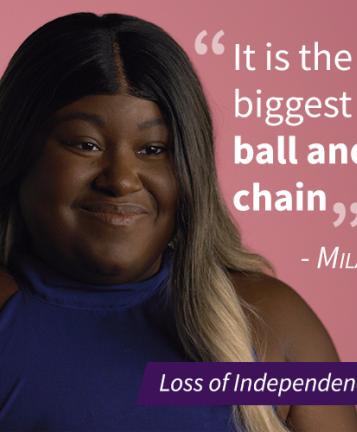 An image of a woman named Mila with a pull quote stating "It is the biggest ball and chain", the image also has a purple banner that says "Loss of Independence"