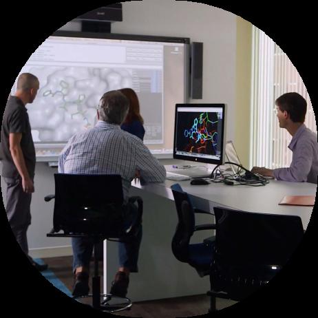 A group of workers looking at a big screen in a conference room