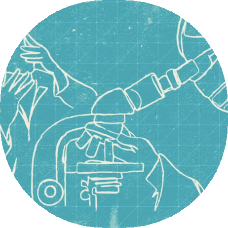 A drawing on a teal background of a scientist looking into a microscope while another scientist to their left looks into a beaker