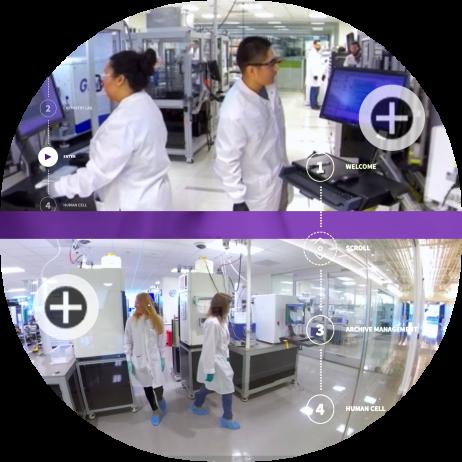Still shots from the Vertex Virtual Lab Experience showing scientists in the lab