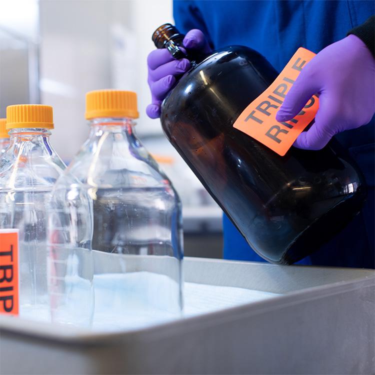 An image of a Vertexian in a lab wearing purple gloves while applying an orange label to a brown bottle