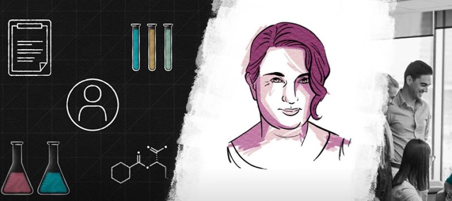 A drawing of Rebecca Hunt alongside a variety of science tools, including beakers and a clipboard