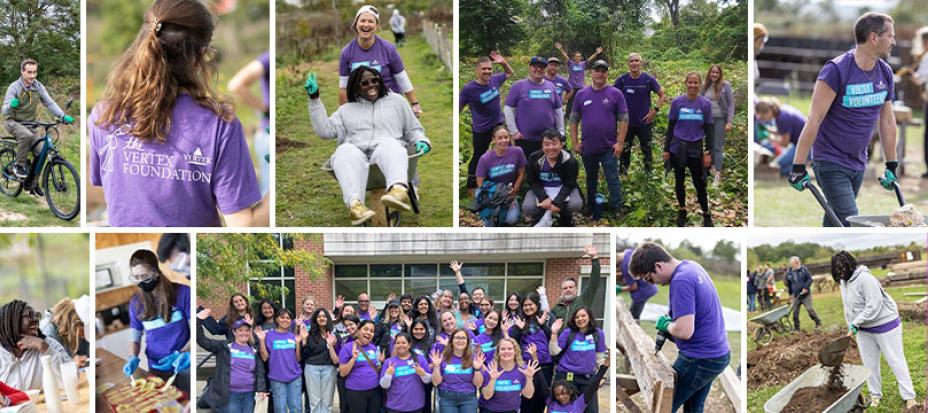 A collage of images of Vertexians working outside in their purple Vertex Volunteers shirts.