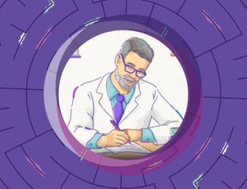 An image with a purple background and a drawing of a scientist wearing a white lab coat in the middle of the image