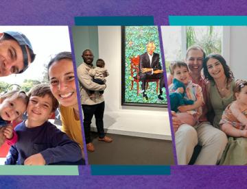 A collage of three images of three of the families featured in the story, with a purple background surrounding the collage