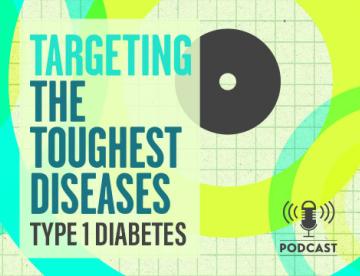 An image with a bright yellow, blue, and green background with circles of various sizes and text reading "Targeting the Toughest Diseases Type 1 Diabetes"