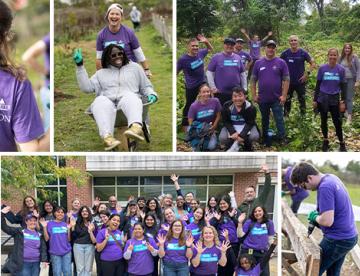 A collage of images of Vertexians working outside in their purple Vertex Volunteers shirts.