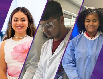 A collage image featuring Jessica Meija, Samara Seaton, and Amaan Butt during their respective Learning Lab experiences. There is a purple banner on the left and right sides of the images of the three people.