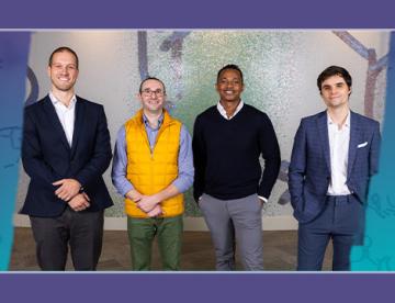 An image of the four members of the first Vertex Pharmaceuticals Physicians Investigators graduating class with figures of molecules with a watercolor overlay on either side of them