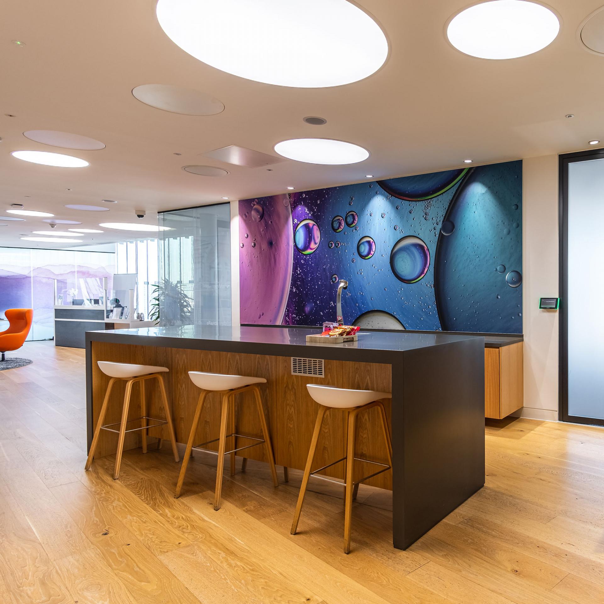 A gathering spot with a sink at the Vertex Pharmaceuticals international headquarters in London
