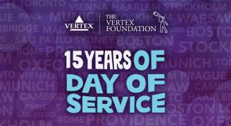 An image with a purple background that has the names of Vertex office locations written in faded text in the background. In the foreground, there is text reading "15 years of day of service" and the Vertex and Vertex Foundation logos above it.