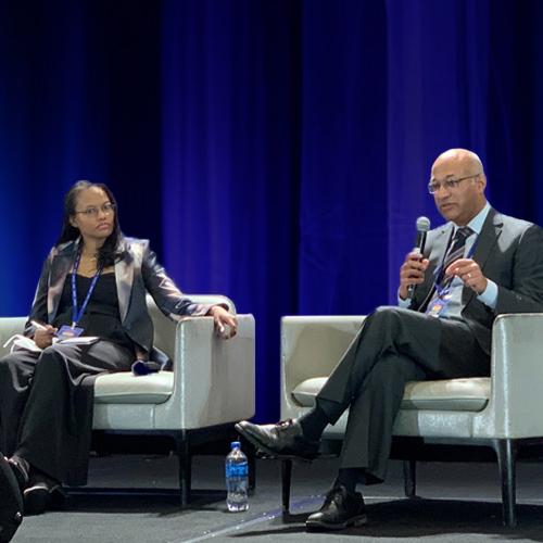 Dr. Lakiea Bailey, sickle cell warrior, advocate, educator and CEO of the Sickle Cell Consortium, on a panel with Vertexian Dr. Bill Hobbs, VP, Clinical Development