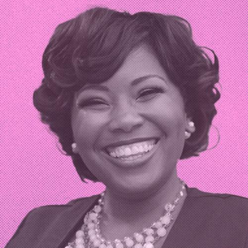An image of Terri Booker smiling with a pink overlay